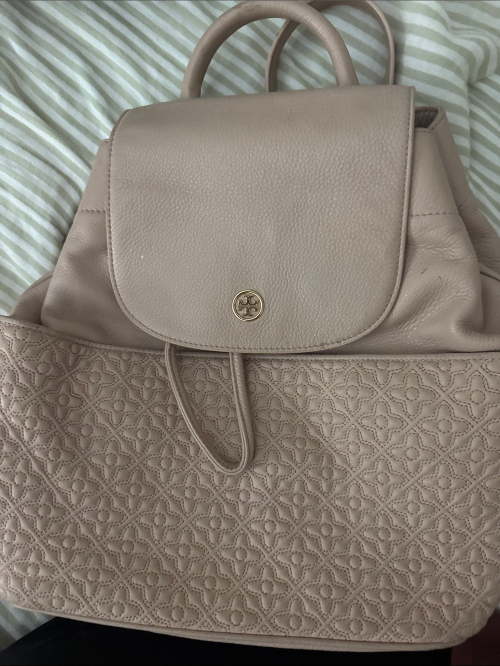 Tory Burch Quilted Pebbled Leather Backpack in Nude Blush